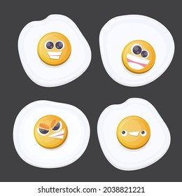 conjunto de personajes de huevo frito de dibujos animados divertidos de vectores aislados en fondo negro. divertida sonriente comida matutina de la colección de huevos fritos.