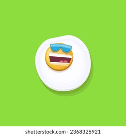 vector funny cartoon fried egg character with sunglasses isolated on green background. funky smiling morning food fried egg. Good morning concept