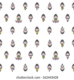 Vector funny cartoon girl in five different yoga poses seamless pattern