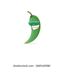 vector funny cartoon green hot chilli pepper character with sunglasses isolated on white background. funky smiling cute mexican paprika pepper vegetable character. 