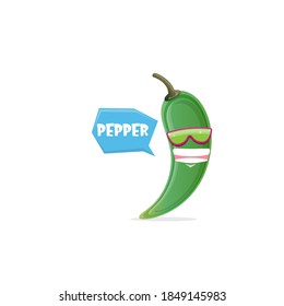 vector funny cartoon green hot chilli pepper character with sunglasses isolated on white background. funky smiling cute mexican paprika pepper vegetable character. 