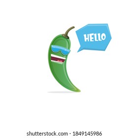 vector funny cartoon green hot chilli pepper character with sunglasses isolated on white background. funky smiling cute mexican paprika pepper vegetable character. 