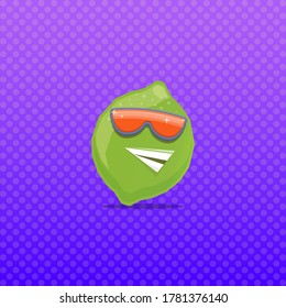 vector funny cartoon green lime character with sunglasses isolated on violet background. funky smiling summer lime citrus fruit character 