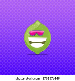 vector funny cartoon green lime character with sunglasses isolated on violet background. funky smiling summer lime citrus fruit character 
