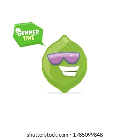 vector funny cartoon green lime character with sunglasses isolated on white background. funky smiling summer lime citrus fruit character 