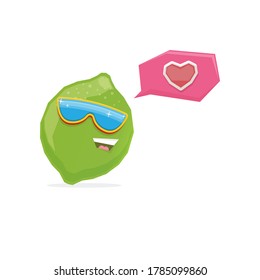 vector funny cartoon green lime character with sunglasses isolated on white background. funky smiling summer lime citrus fruit character 