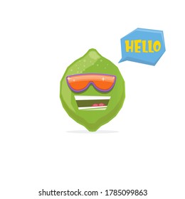 vector funny cartoon green lime character with sunglasses isolated on white background. funky smiling summer lime citrus fruit character 