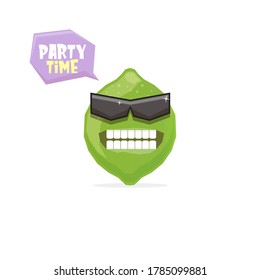 vector funny cartoon green lime character with sunglasses isolated on white background. funky smiling summer lime citrus fruit character 