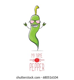 vector funny cartoon green pepper character isolated on white background. My name is pepper vector concept. vegetable funky character