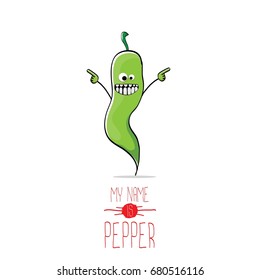 vector funny cartoon green pepper character isolated on white background. My name is pepper vector concept. vegetable funky character
