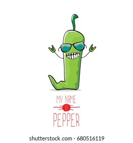 vector funny cartoon green pepper character isolated on white background. My name is pepper vector concept. vegetable funky character