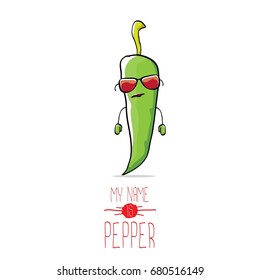 vector funny cartoon green pepper character isolated on white background. My name is pepper vector concept. vegetable funky character