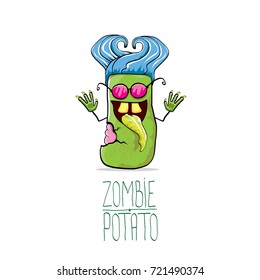 vector funny cartoon green zombie hipster potato character with blue hair isolated on white background. My name is zombie potato vector concept halloween background. monster vegetable funky character