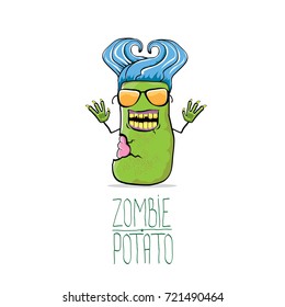 vector funny cartoon green zombie hipster potato character with blue hair isolated on white background. My name is zombie potato vector concept halloween background. monster vegetable funky character