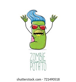 vector funny cartoon green zombie hipster potato character with blue hair isolated on white background. My name is zombie potato vector concept halloween background. monster vegetable funky character