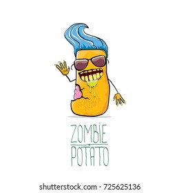 vector funny cartoon green zombie hipster potato character with blue hair isolated on white background. My name is zombie potato vector concept halloween background. monster vegetable funky character