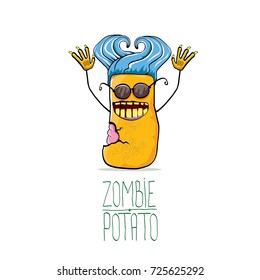 vector funny cartoon green zombie hipster potato character with blue hair isolated on white background. My name is zombie potato vector concept halloween background. monster vegetable funky character