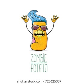 vector funny cartoon green zombie hipster potato character with blue hair isolated on white background. My name is zombie potato vector concept halloween background. monster vegetable funky character