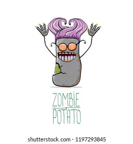 vector funny cartoon grey zombie hipster potato character with hair isolated on white background. My name is zombie potato vector concept halloween background. monster vegetable funky character