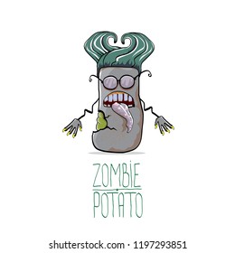 vector funny cartoon grey zombie hipster potato character with hair isolated on white background. My name is zombie potato vector concept halloween background. monster vegetable funky character