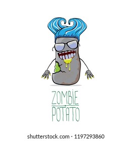 vector funny cartoon grey zombie hipster potato character with hair isolated on white background. My name is zombie potato vector concept halloween background. monster vegetable funky character