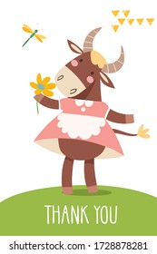Vector funny cartoon hand drawn thank you card with cow. Great for your design ideas, cards, posters and kids room decoration. 