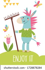 Vector funny cartoon hand drawn enjoy it card with donkey. Great for your design ideas, cards, posters and kids room decoration. 