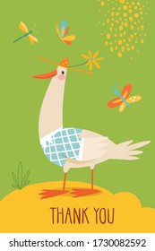 Vector funny cartoon hand drawn thank you card with goose. Great for your design ideas, cards, posters and kids room decoration. 