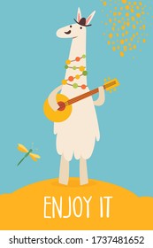 Vector funny cartoon hand drawn enjoy it card with lama playing banjo. Great for your design ideas, cards, posters and kids room decoration. 