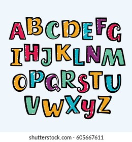 Vector funny cartoon hand drawn marker colorful uppercase alphabet. Kid style drawing font and signs ABC outline and in different colors.