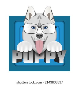 Vector funny cartoon head of a husky puppy, paws and glasses, a volumetric inscription on a background of blue squares