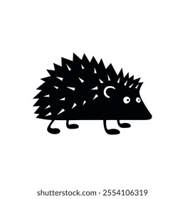 Vector funny cartoon hedgehog in black and white silhouette. Minimalist animal illustration is ideal for playful, wild, or quirky projects