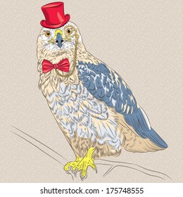 Vector funny cartoon hipster  bird Rough-legged Buzzard in a red hat, glasses and bow tie