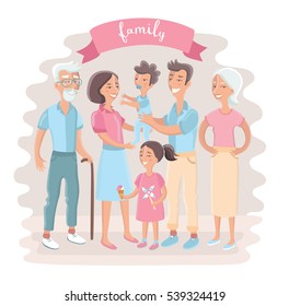 Vector funny cartoon illustration of  Big family together.