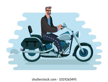 Vector funny cartoon illustration of biker rides a bike. Motorcyclict man ride on motorcyle