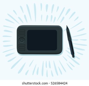 Vector funny cartoon illustration of graphics tablet and pen. Top view