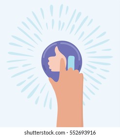 Vector funny cartoon illustration of hand push like icon of thumbs up. Unusual picture