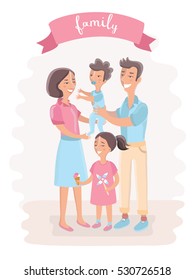 Vector funny cartoon illustration of Happy family portrait. Happy family gesturing with cheerful smile. Pastel colors