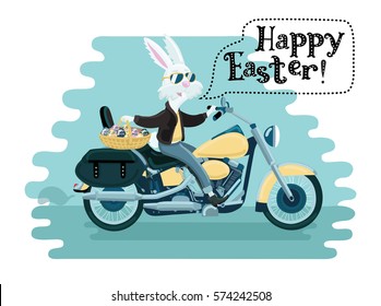 Vector funny cartoon illustration of happy white easter rabbit in sunglasses ride on a motorcycle and holding a painted egg basket