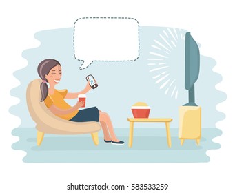 Vector Funny Cartoon Illustration Of Happy Woman, Watch Tv And Talking Bubble Speech Above