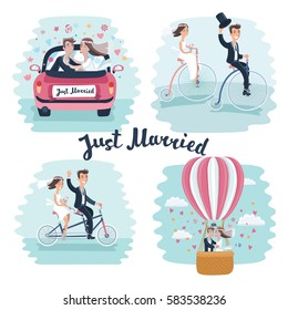 Vector Funny Cartoon Illustration Of Happy Newlyweds Scenes. Wedding Couple Ride Retro Bicycle, Tandem Bike , Kisses In Marriages Car And In Hot Air Ballon.