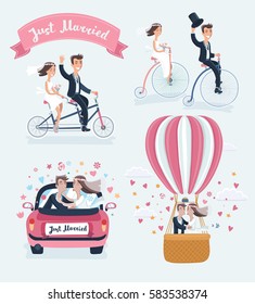 Vector funny cartoon illustration of Happy Newlyweds Scenes. Wedding couple ride retro bicycle, tandem bike , kisses in marriage car and in hot air balloon. Isolated on white background