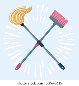 Vector funny cartoon illustration of mop and broom isolated. Cleaning symbols