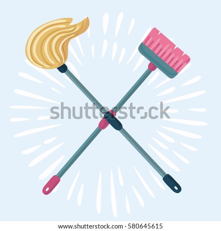 Vector funny cartoon illustration of mop and broom isolated. Cleaning symbols