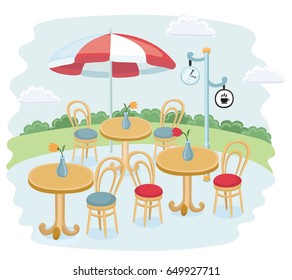 Vector funny cartoon illustration of street cafe on summer outdoor landscape