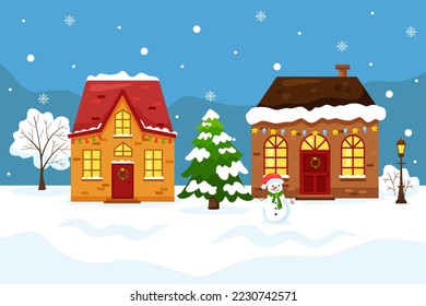 Vector funny cartoon illustration of winter urban cityscape under snow. Winter holiday decorated flat style cute houses, snowman and tree in bright colors for winter season greeting, card or poster