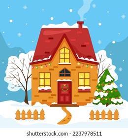 Vektorlustige Cartoon-Illustration eines niedlichen Hauses mit Garland und Baum für Winterkonzept oder Vorlage