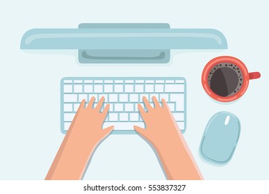 Vector funny cartoon illustration of workplace concept. Top view hands typing on keyboard, mouse, display cup of coffee and human hands typing