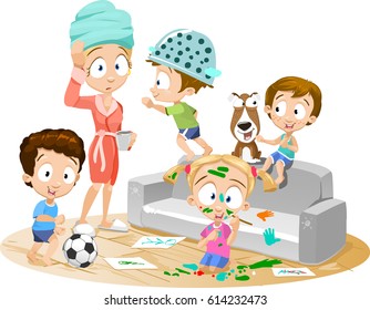 Vector funny cartoon illustration of young mother after shower finding house destroyed by kids