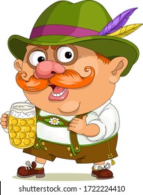 Vector funny cartoon. A joyful Bavarian is standing with a large mug of beer in a national costume.